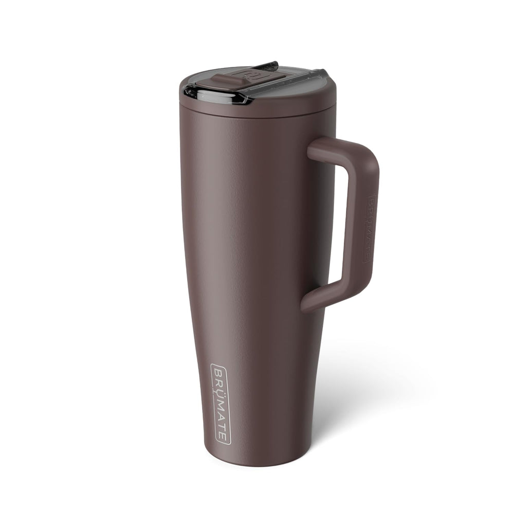 BrüMate Era Flip Java covered straw close-up highlighting SlideSeal lid benefit: 100% leakproof protection