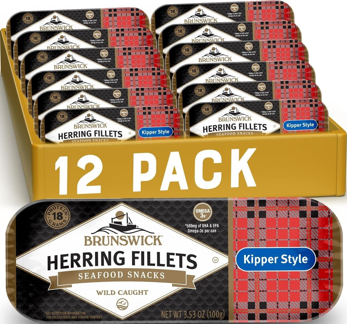 Brunswick front view of 12-pack cans showing label and easy storage benefit