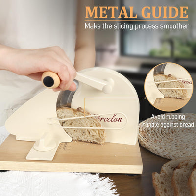 Brvclon hand-crank in use slicing a loaf, showing controlled motion for even loaf cuts