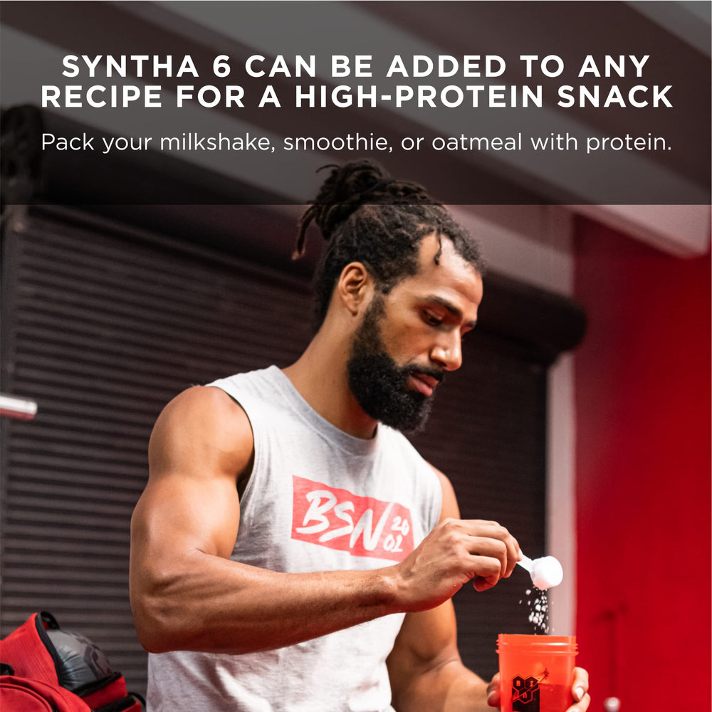 BSN bol con ingredientes y SYNTHA-6 ilustrando la mezcla de proteínas varias