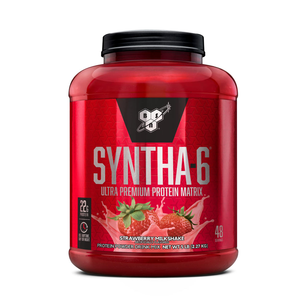 BSN envase frontal de SYNTHA-6 sabor fresa con diseño atractivo y fácil identificación