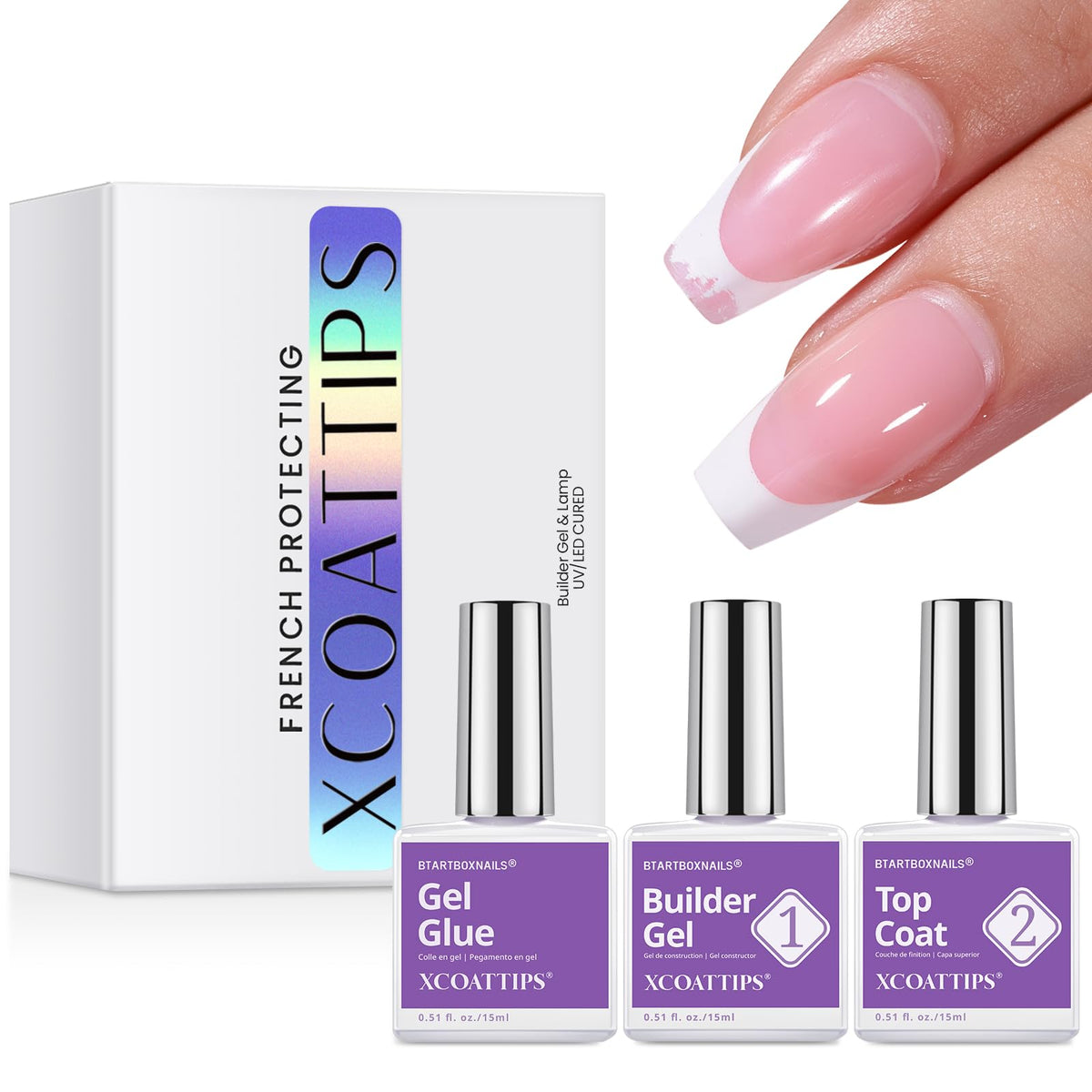 BTArtboxnails set frontal mostrando pegamento, builder gel y top coat, protección duradera