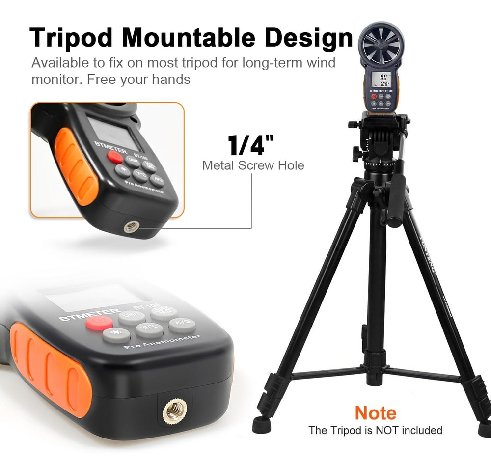 BTMETER BT-100 backlit LCD displaying wind speed and temperature for easy reading