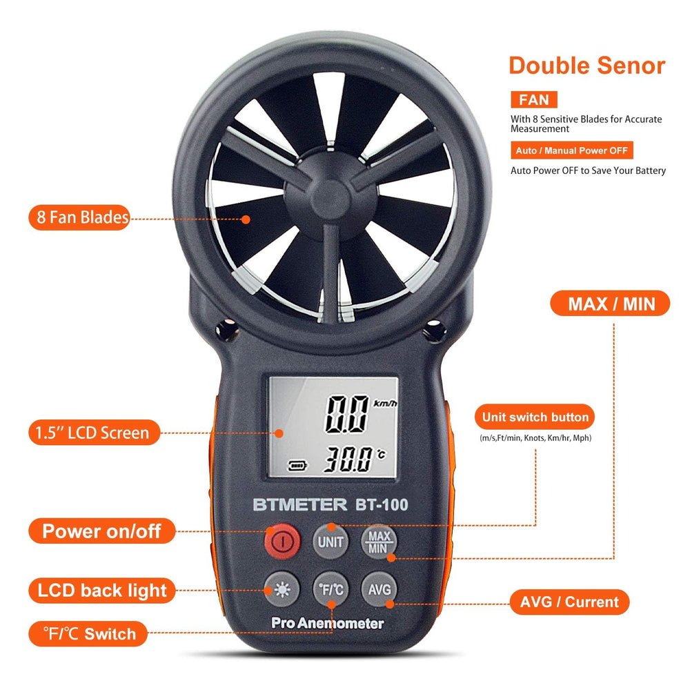 BTMETER BT-100 mounted on a tripod for steady, hands-free wind monitoring