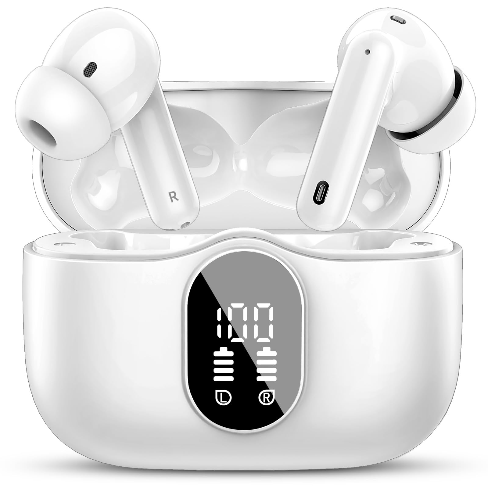 Btootos A90 frontal con estuche abierto mostrando auriculares y batería