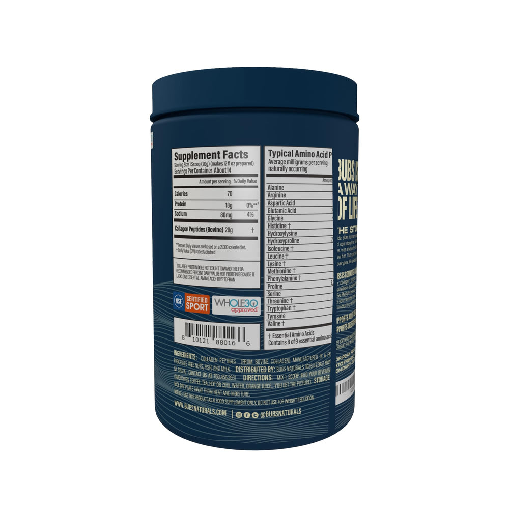 BUBS Naturals etiqueta nutricional enfocada en información de ingredientes y beneficios
