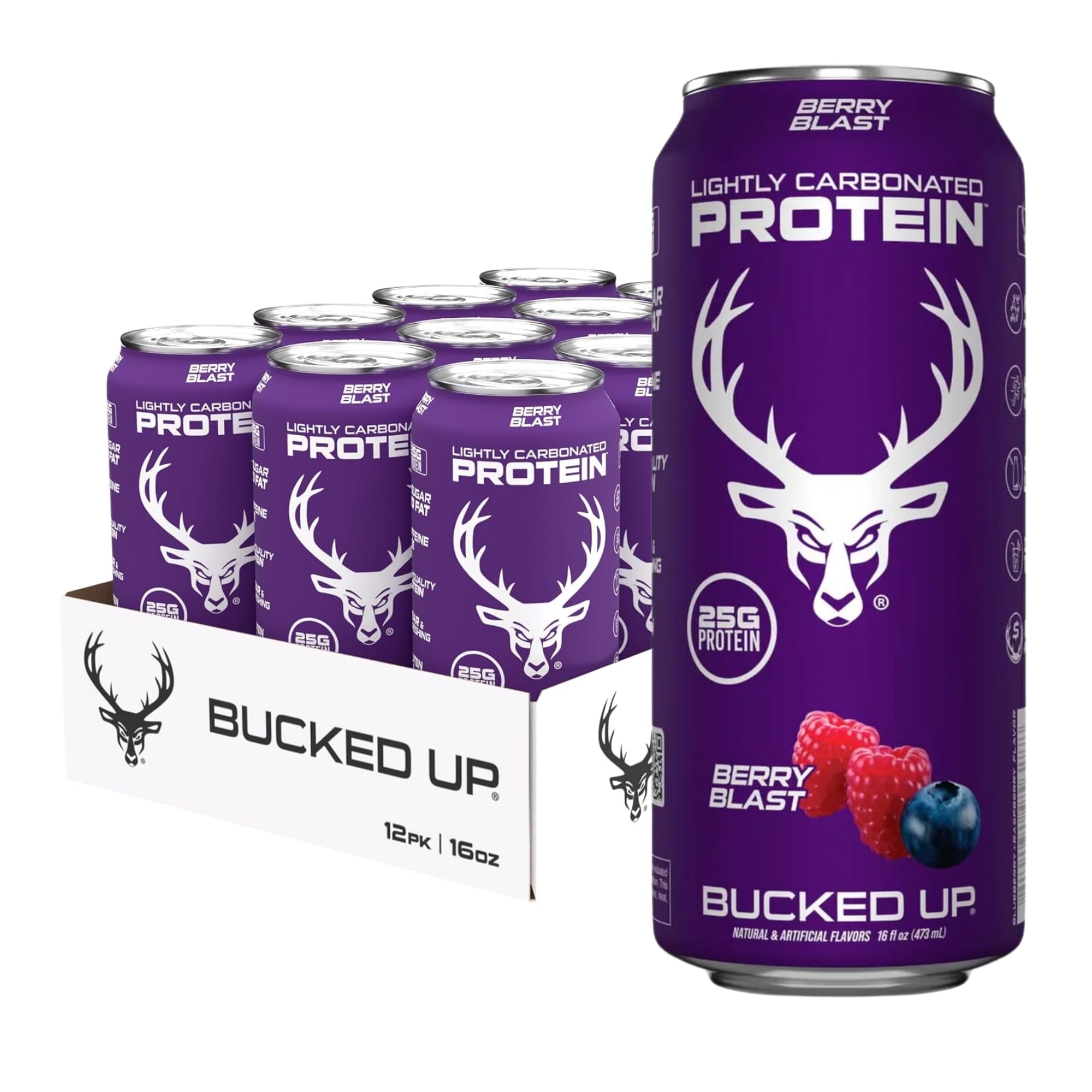 Bucked Up lata frontal Berry Blast mostrando diseño y beneficio refrescante