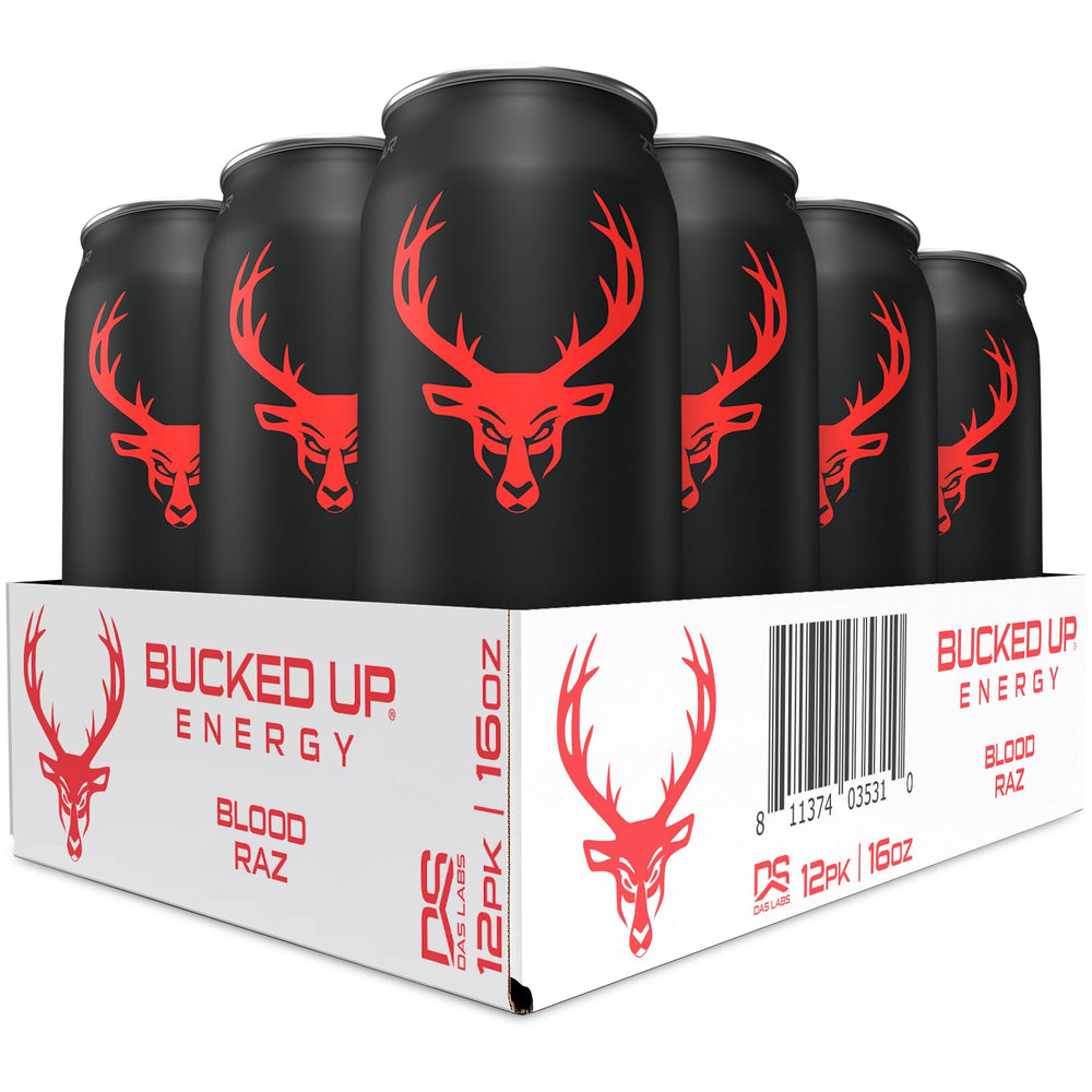 Bucked Up lata Blood Raz frente mostrando diseño y energía inmediata