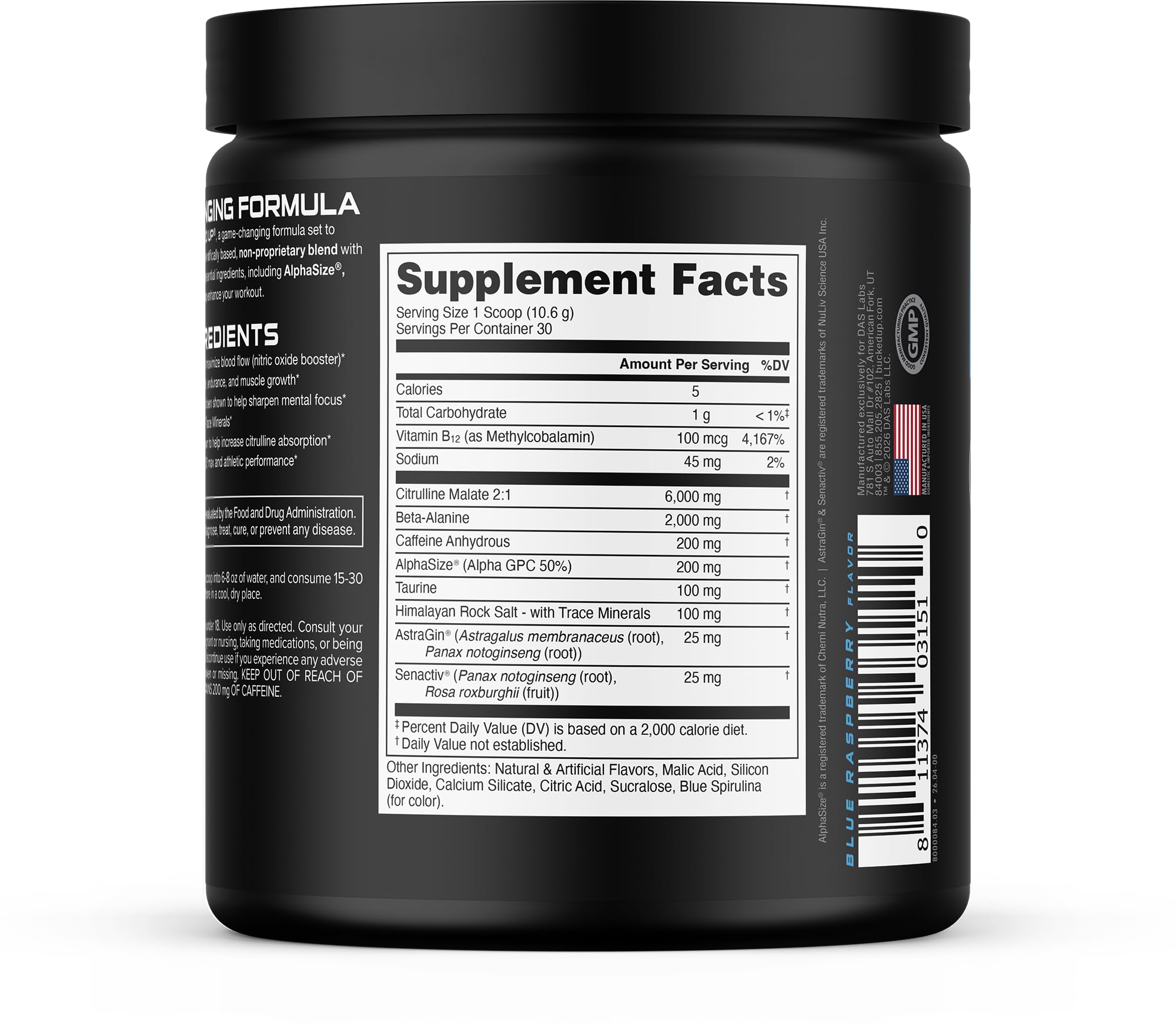 Bucked Up etiqueta de ingredientes con dosis clave para rendimiento