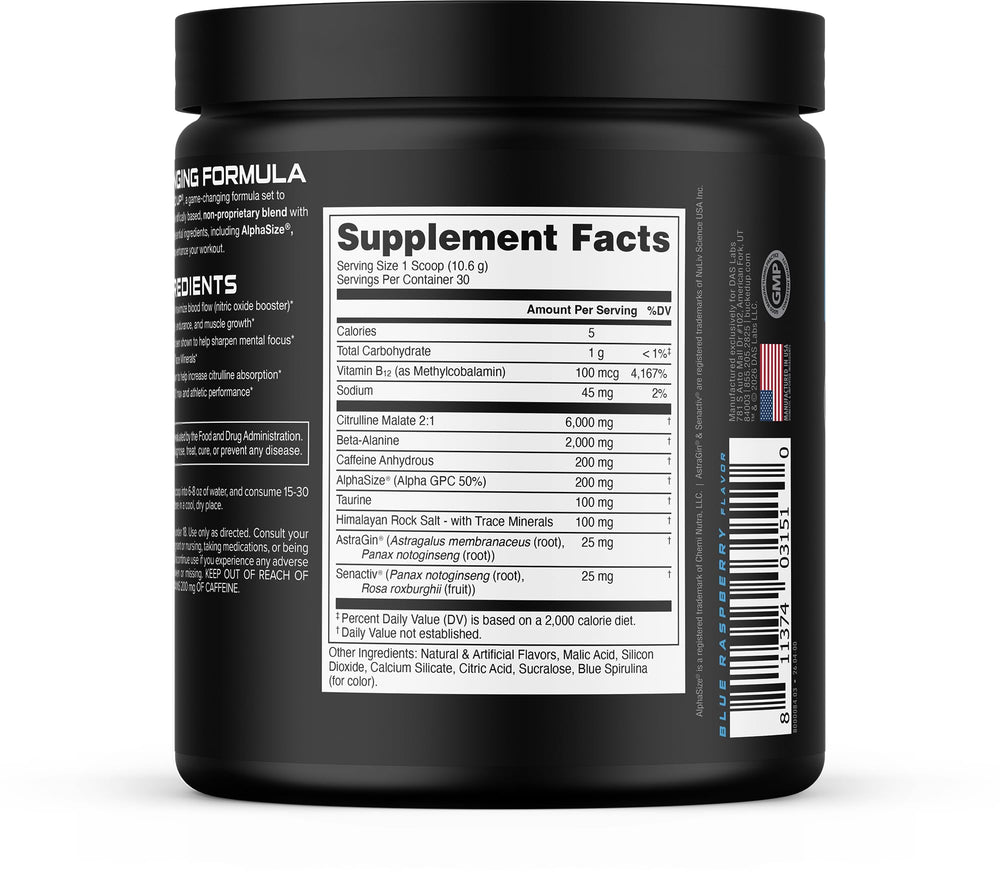 Bucked Up etiqueta de ingredientes con dosis clave para rendimiento