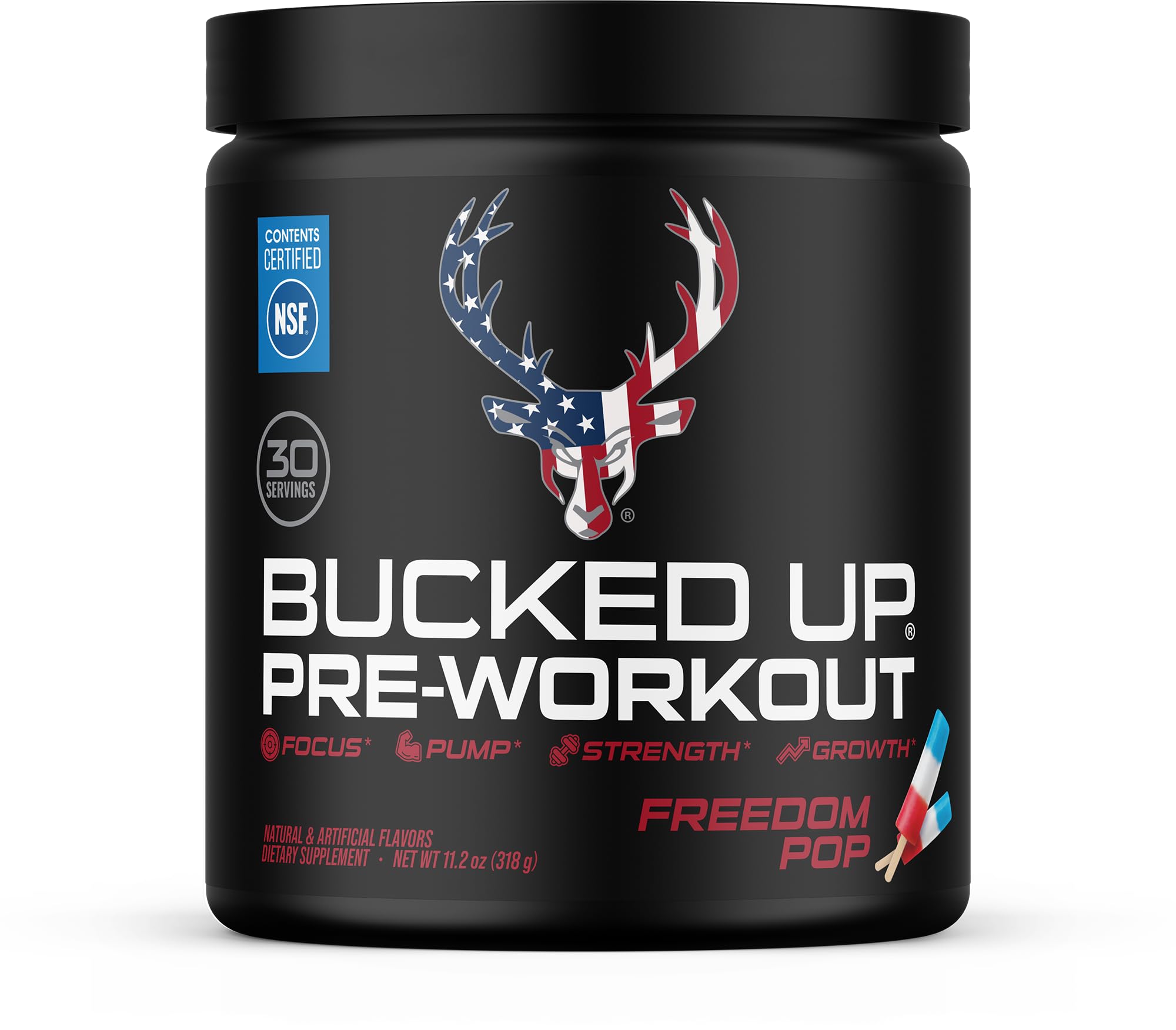 Bucked Up bote frontal mostrando Freedom Pop y beneficio de claridad de etiqueta