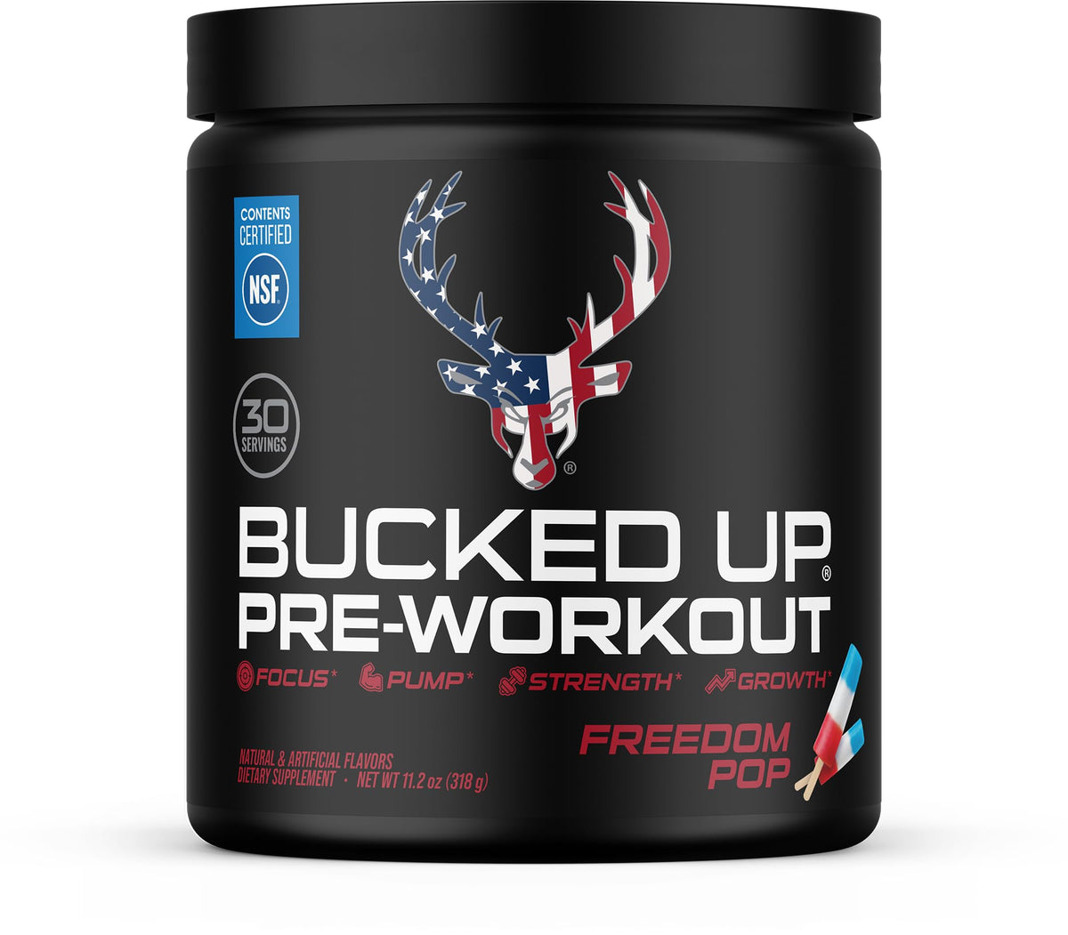 Bucked Up bote frontal mostrando Freedom Pop y beneficio de claridad de etiqueta