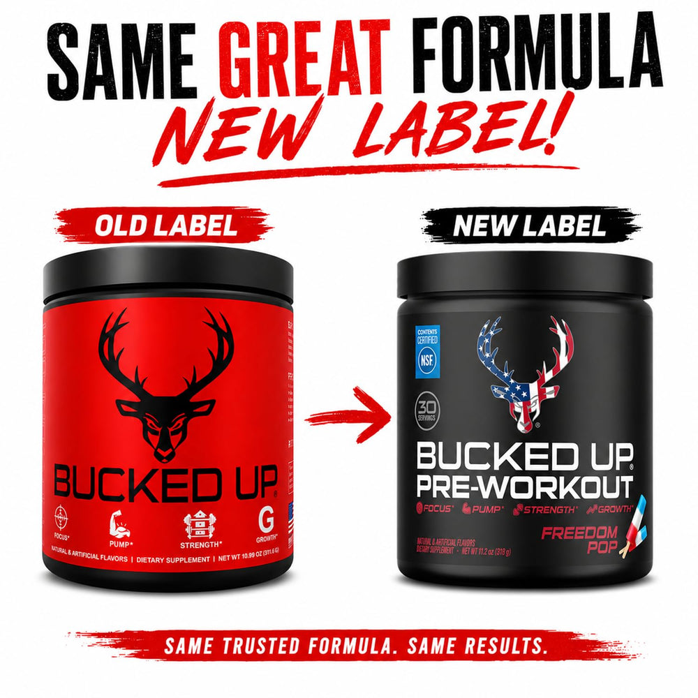 Bucked Up scoop con 30 servicios señalando conveniencia mensual del producto
