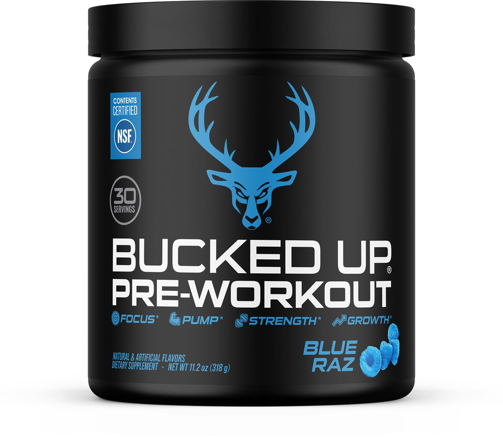Bucked Up frente del envase Blue Raz mostrando diseño y beneficio energético