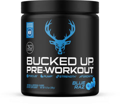 Bucked Up frente del envase Blue Raz mostrando diseño y beneficio energético