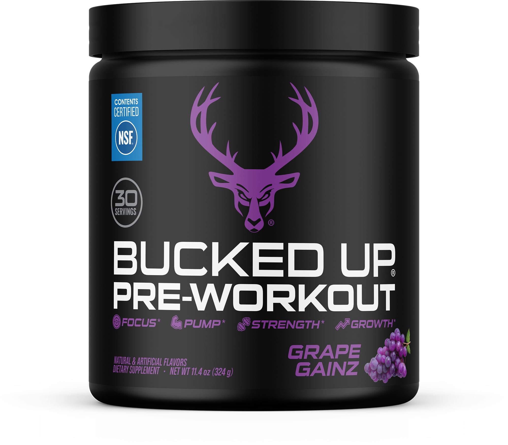 Bucked Up envase frontal mostrando sabor grape y diseño atractivo