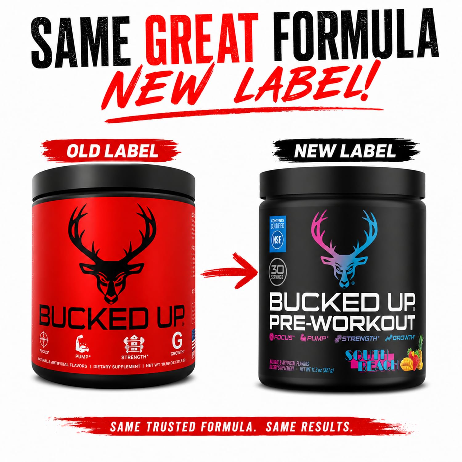 Bucked Up cucharada con porción exacta demostrando 30 servicios por envase