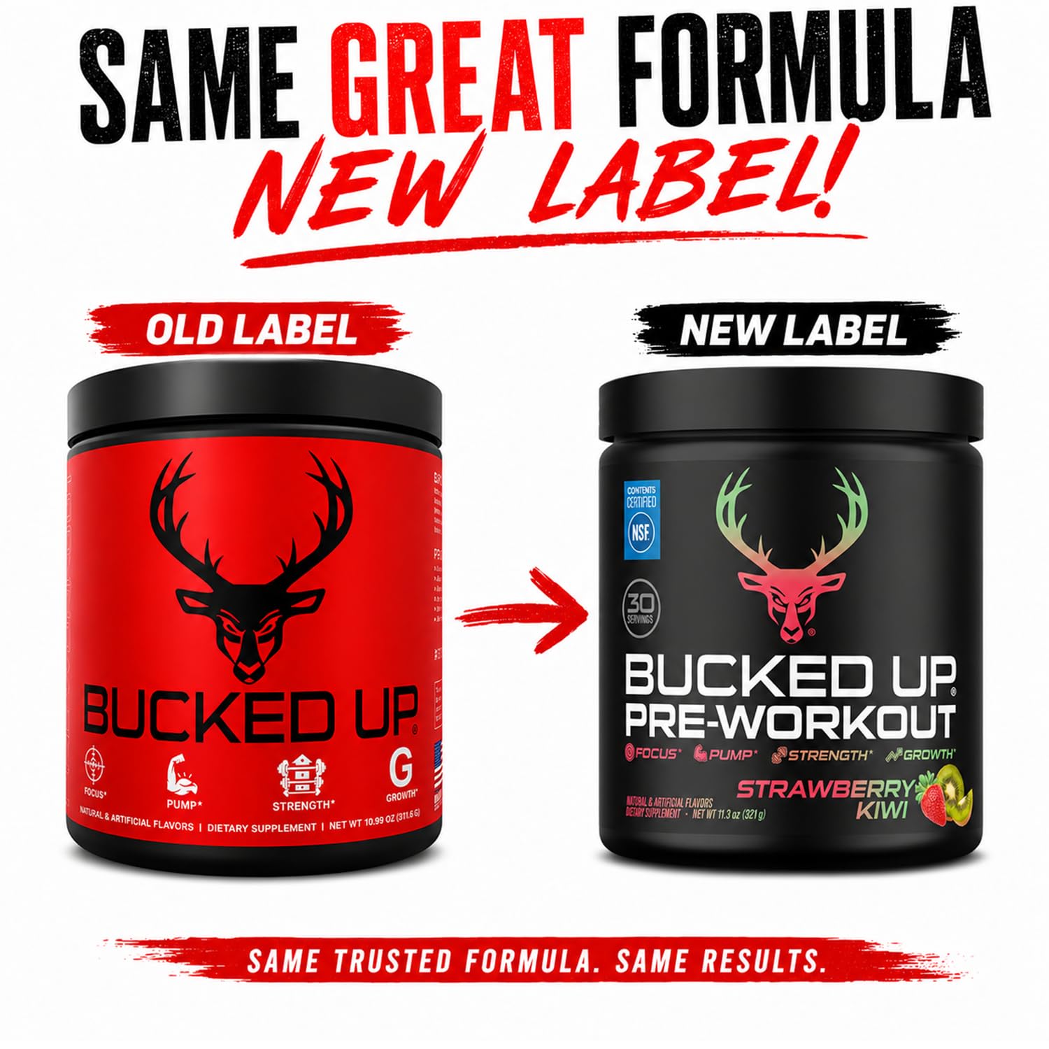 Bucked Up comparación de tamaño del envase y cucharada medidora