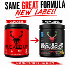 Bucked Up comparación de tamaño del envase y cucharada medidora