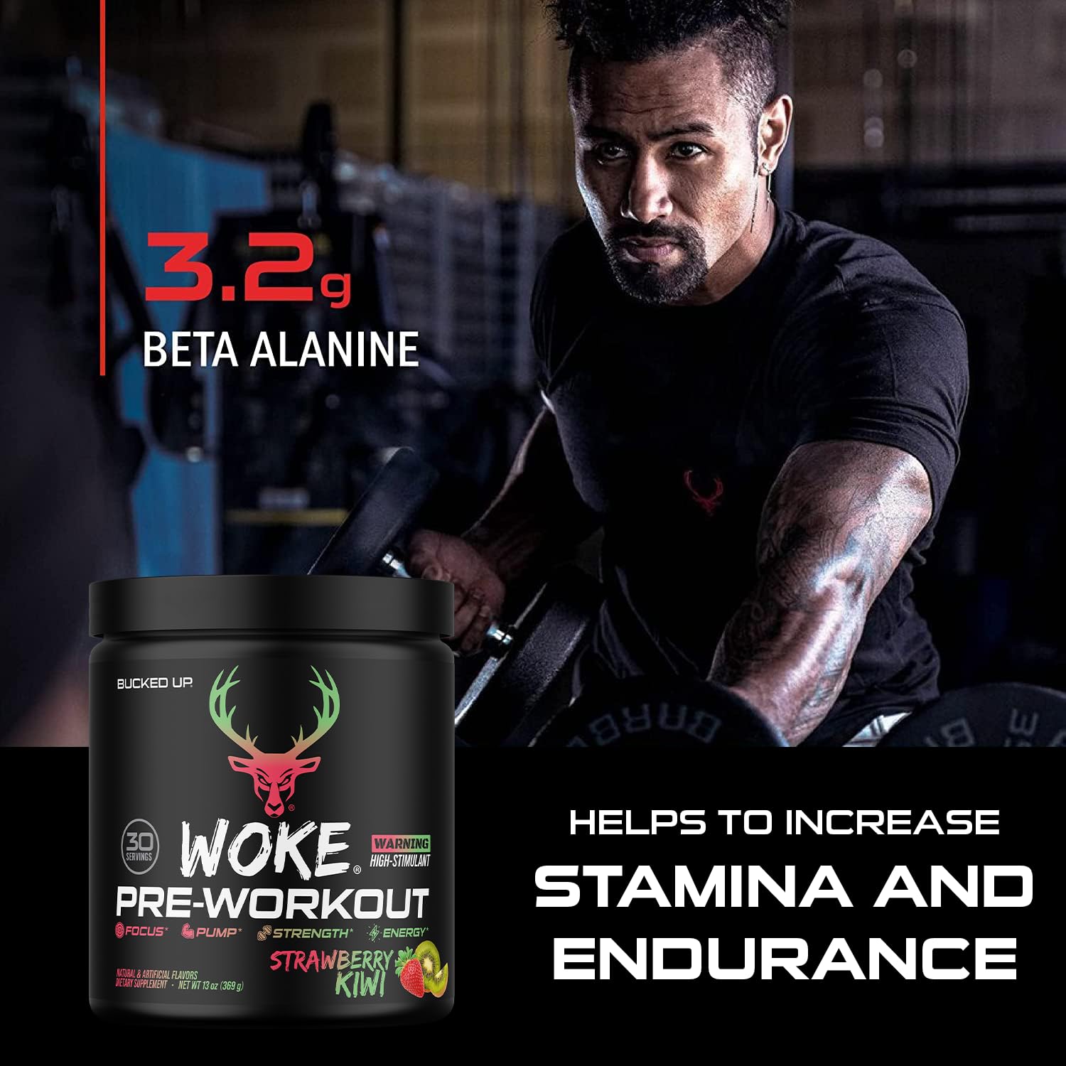Bucked Up Woke ingredient highlight image showing key actives and performance benefit