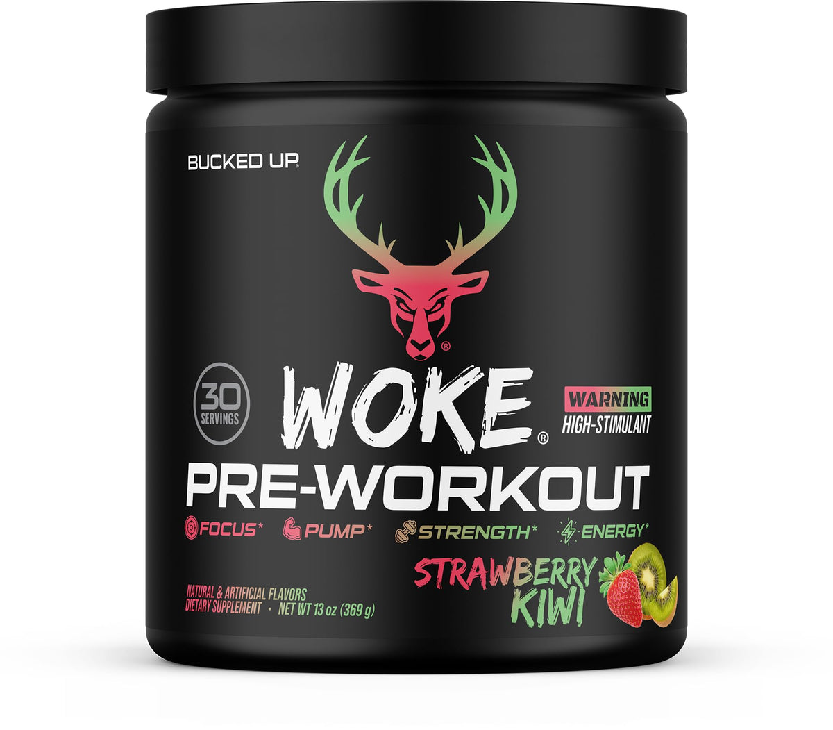 Bucked Up Woke front packaging showing Strawberry Kiwi flavor and 30 servings benefit
