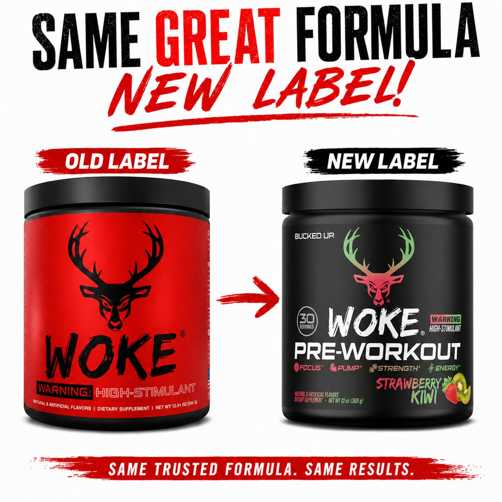 Bucked Up Woke scoop with powder showing single-serving convenience benefit