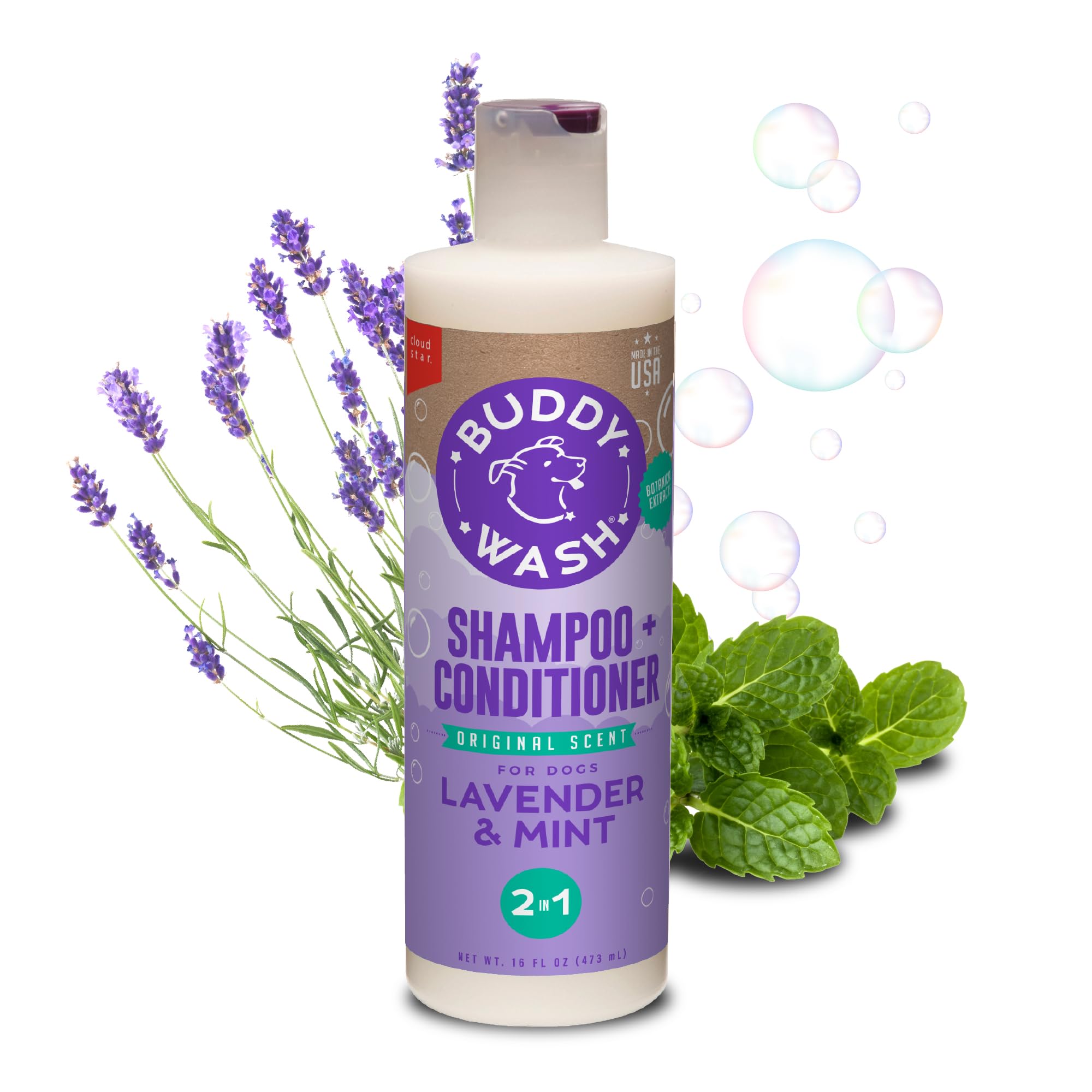 Buddy Biscuits botella frontal 16 oz mostrando la etiqueta y beneficios