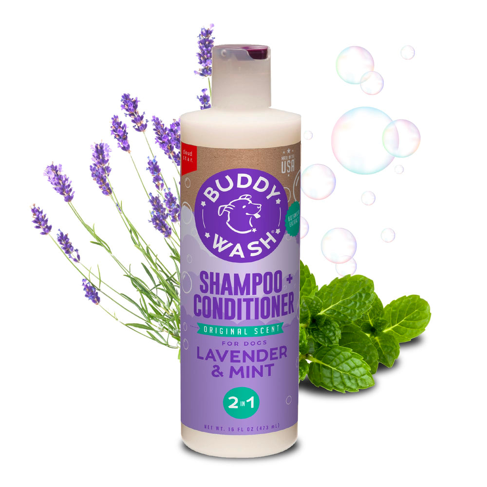 Buddy Biscuits botella frontal 16 oz mostrando la etiqueta y beneficios