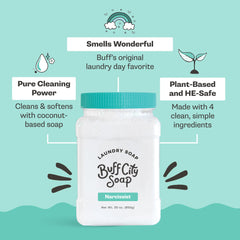 Aplicación del polvo Buff City Soap directo en tambor de lavadora, dosificación fácil
