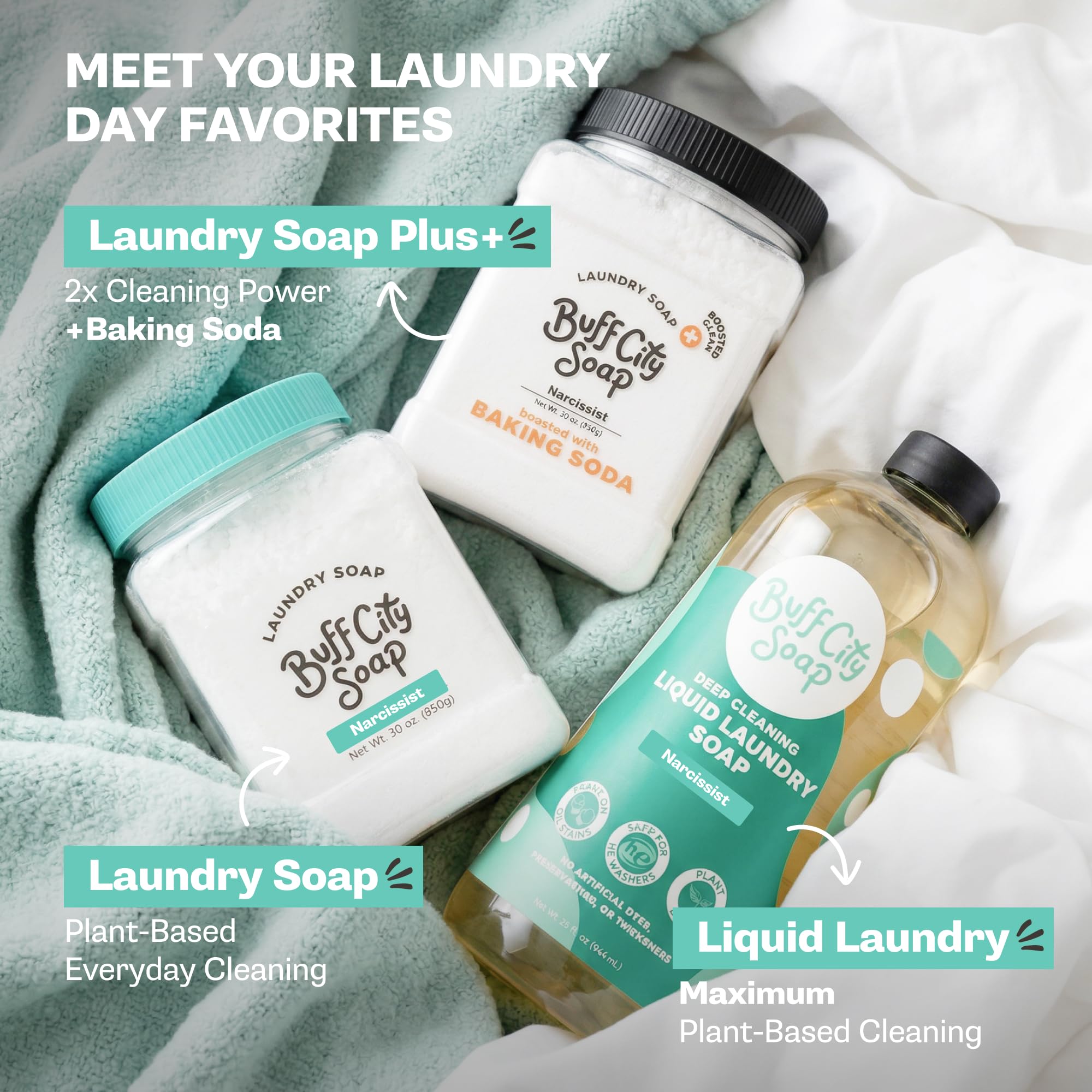 Etiqueta de Buff City Soap mostrando sus cuatro ingredientes plant-based y beneficios