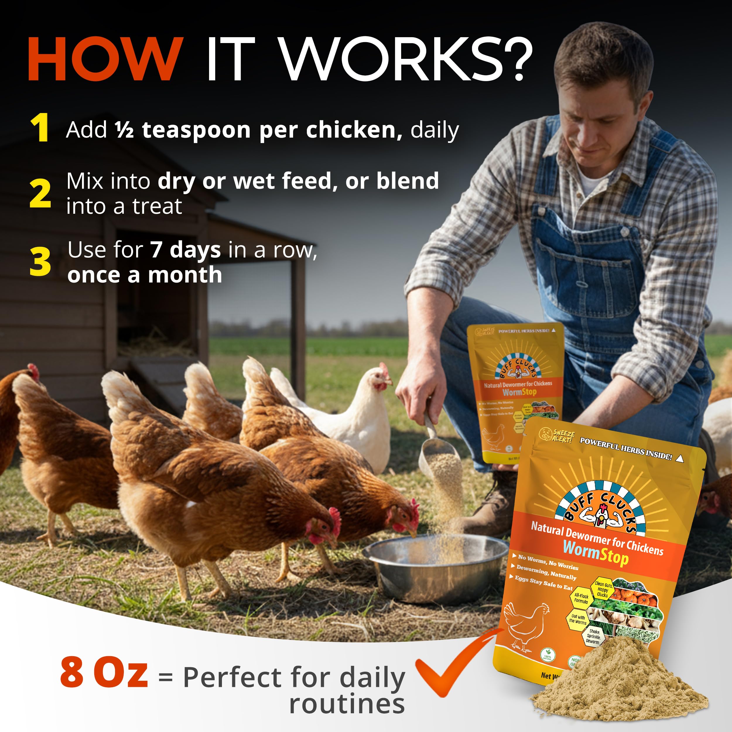 Bol con alimento mezclado con WormStop Buff Clucks, fomenta ingestión natural