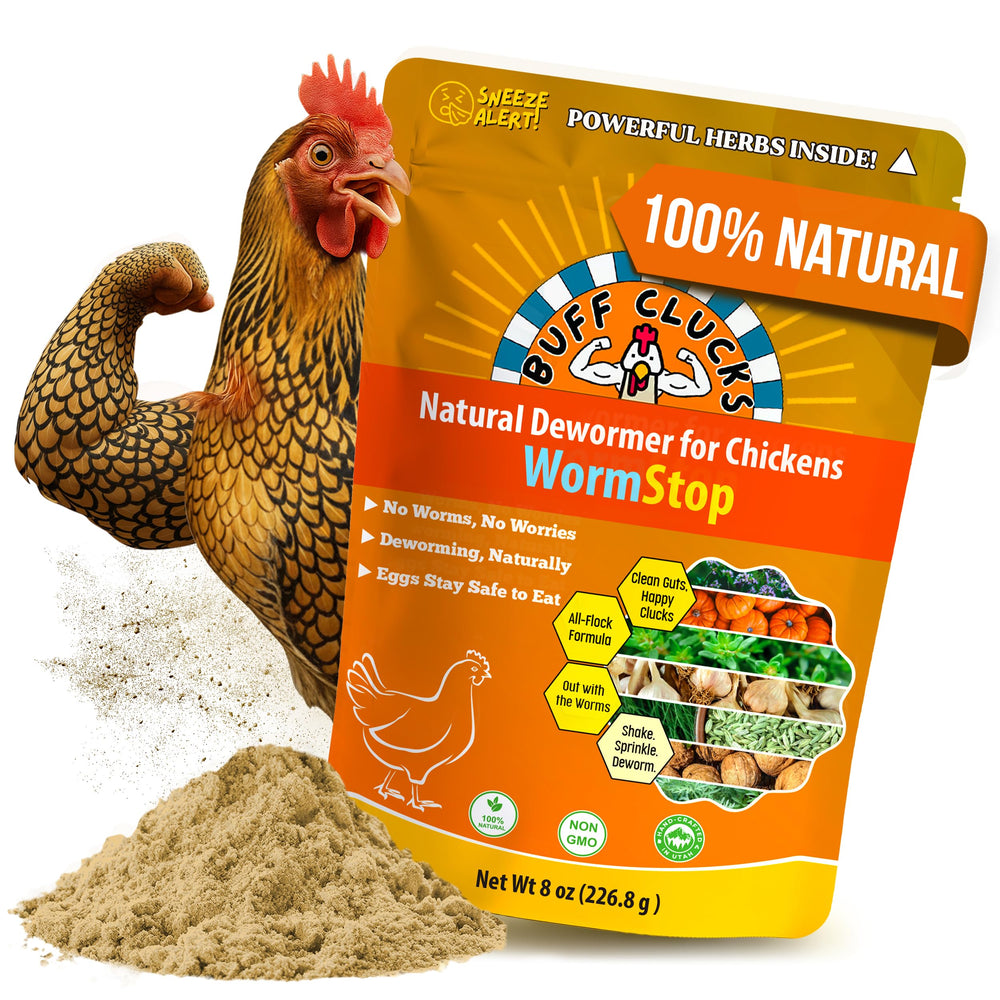 Buff Clucks paquete frontal mostrando WormStop, identificación clara del producto