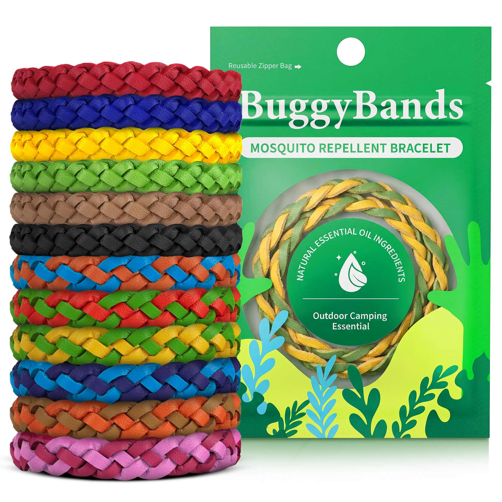 BuggyBands paquete frontal mostrando 24 pulseras y diseño práctico