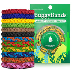 BuggyBands paquete frontal mostrando 24 pulseras y diseño práctico