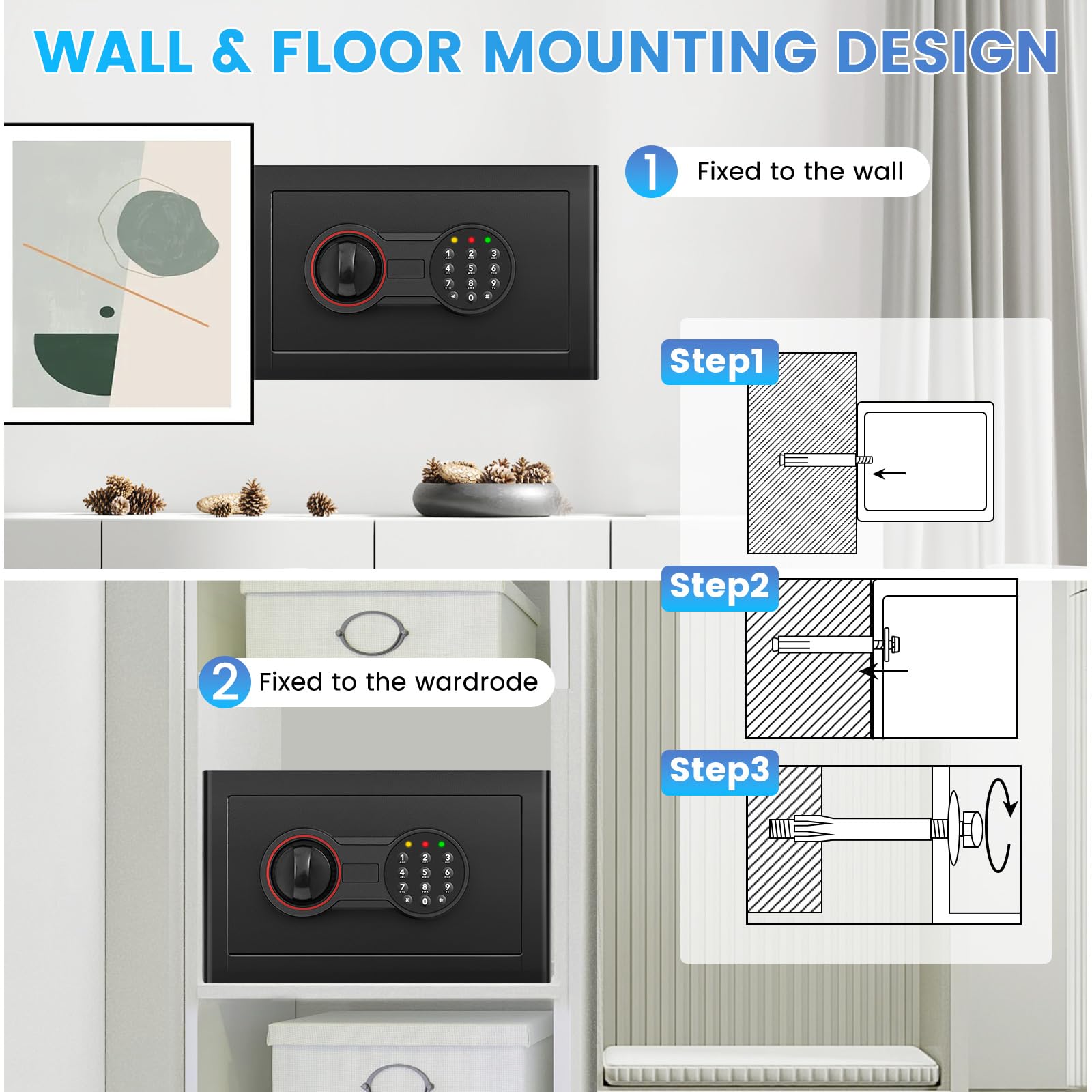 Bukumo safe beside a hand showing scale and easy placement in small rooms