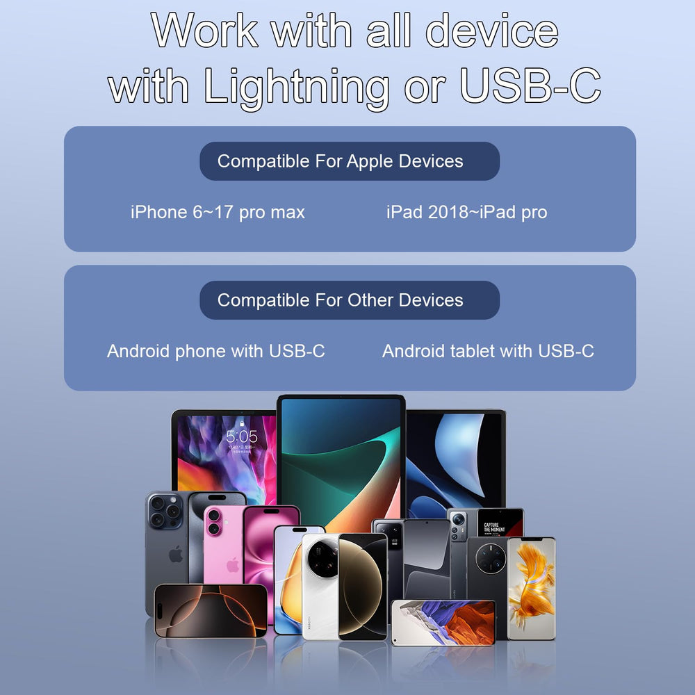 Bulatry receptores USB‑C y Lightning conectados, compatibilidad multiplataforma