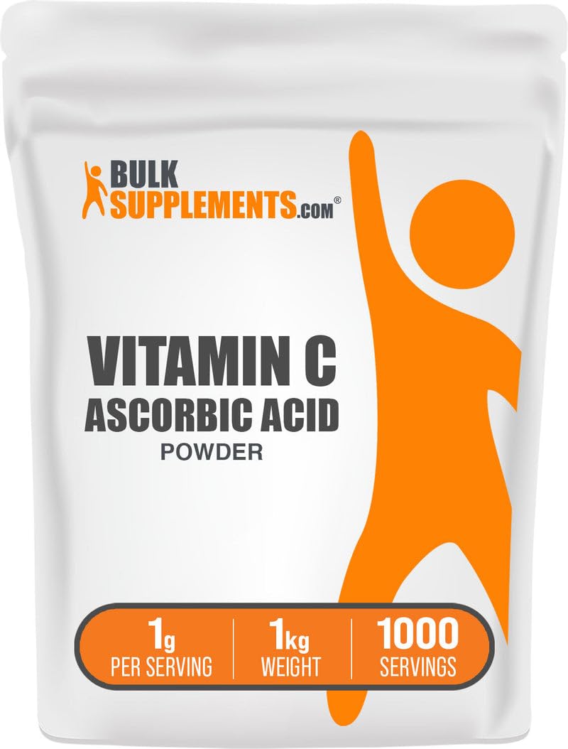 BulkSupplements frente del envase de ácido ascórbico, claridad de presentación y pureza