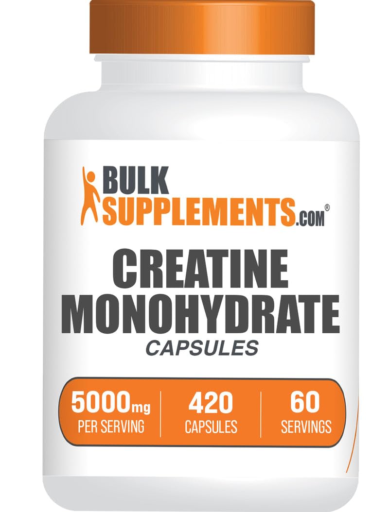 BulkSupplements envase frontal de creatina en cápsulas, presentación clara y práctica