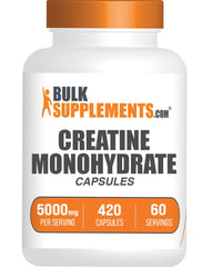 BulkSupplements envase frontal de creatina en cápsulas, presentación clara y práctica