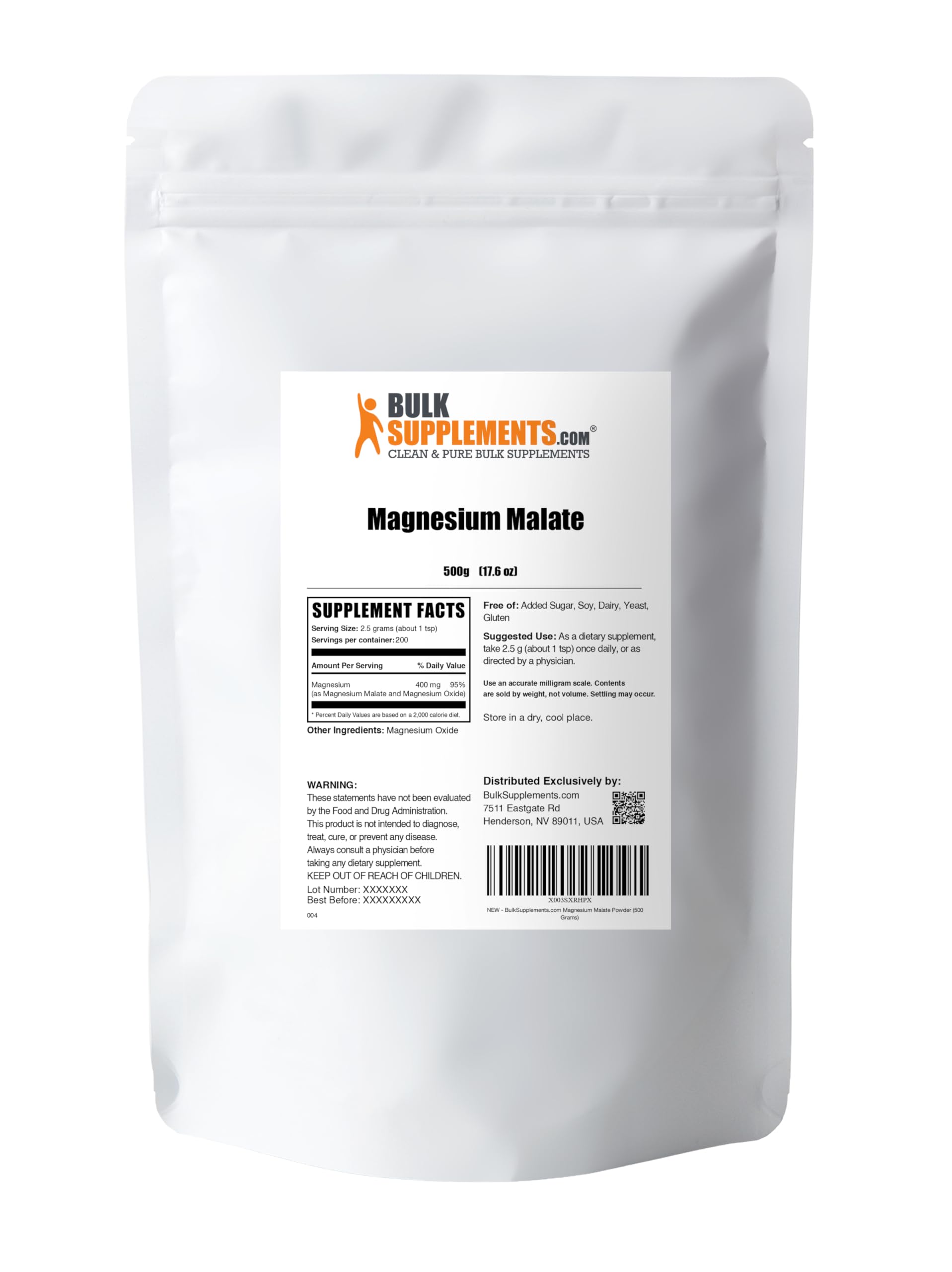 BulkSupplements etiqueta nutricional de Magnesium Malate mostrando información clara