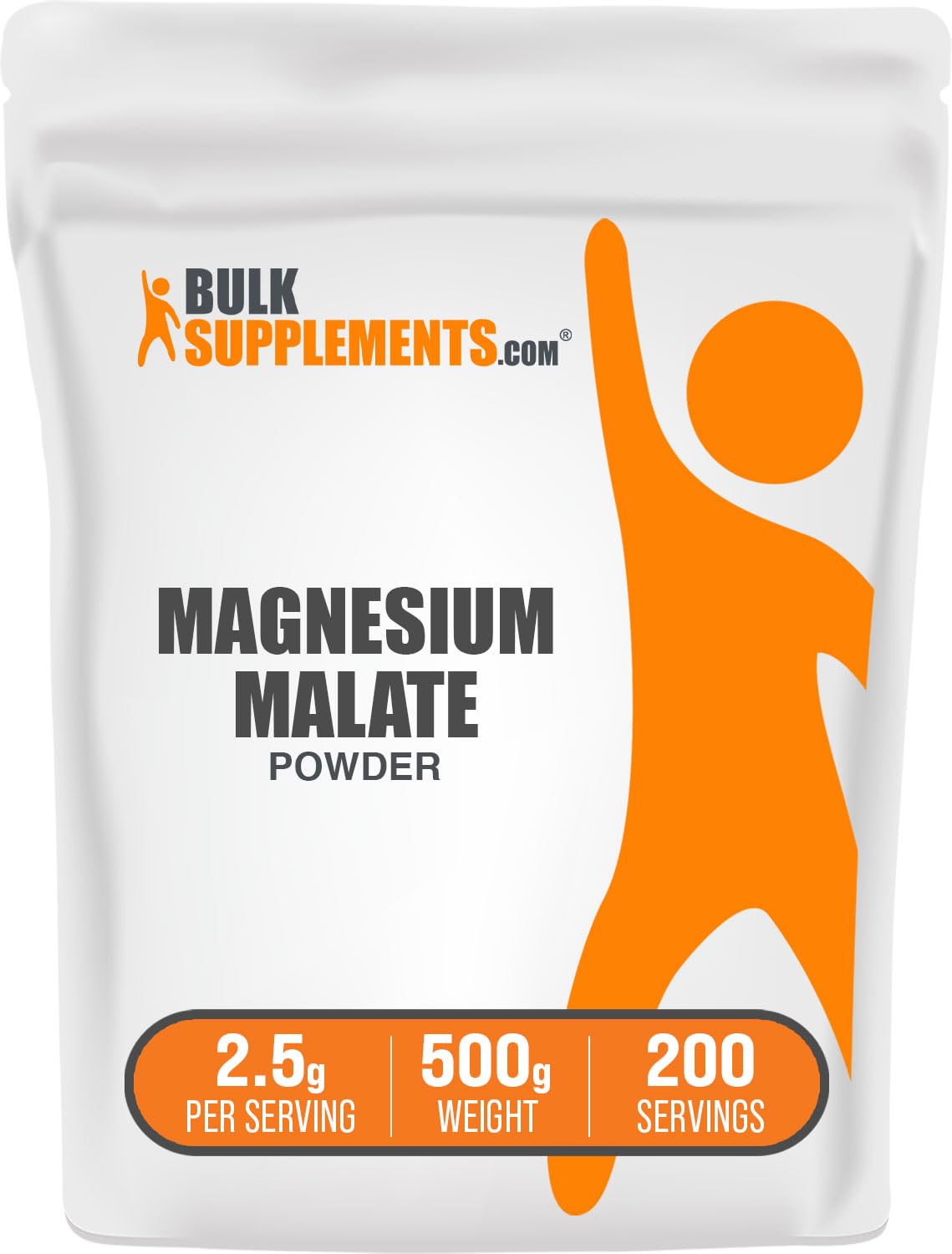 BulkSupplements empaque frontal de Magnesium Malate, presentación clara y sin sabor
