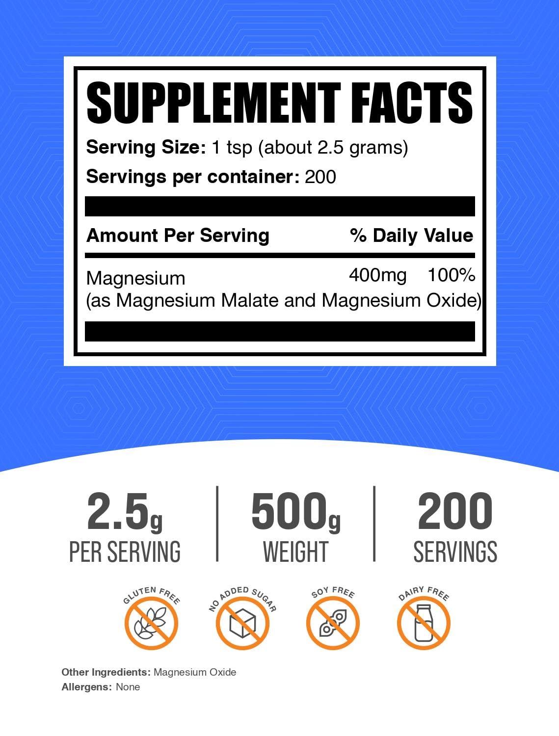BulkSupplements polvo de magnesio malato textura fina, fácil disolución en líquidos