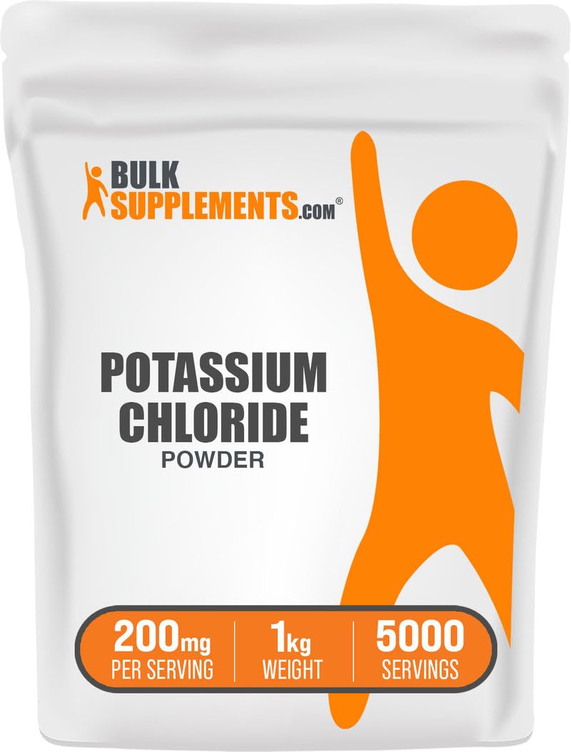 BulkSupplements paquete frontal de cloruro de potasio mostrando presentación 1 kg y ventaja de sustituto de sal