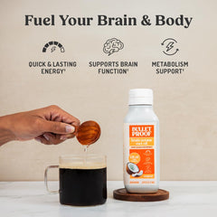 Bulletproof Brain Octane primer plano de etiqueta mostrando pureza C8