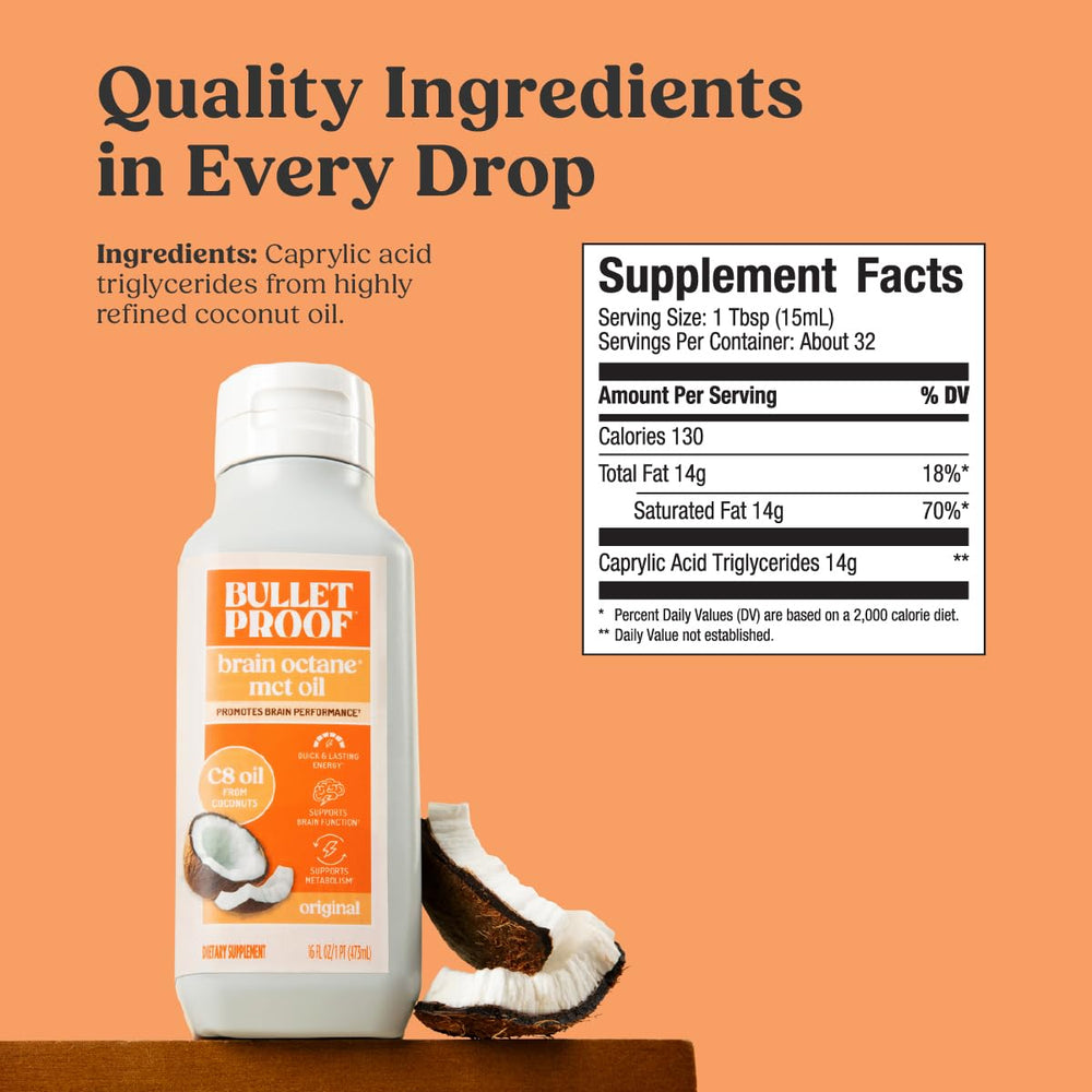 Bulletproof Brain Octane comparación de tamaño 16 oz para escala doméstica