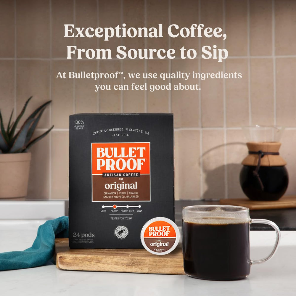 Bulletproof taza de café preparado que muestra sabor equilibrado