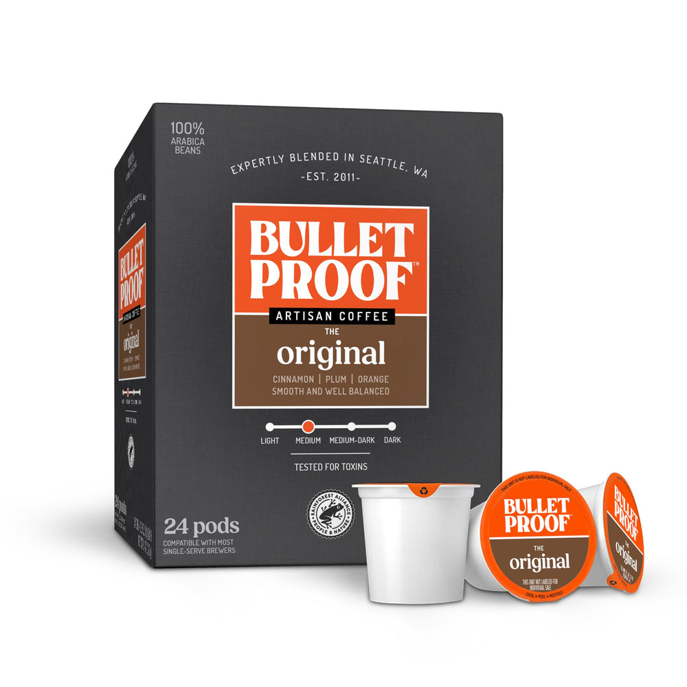 Bulletproof caja frontal de 24 cápsulas mostrando diseño y conveniencia