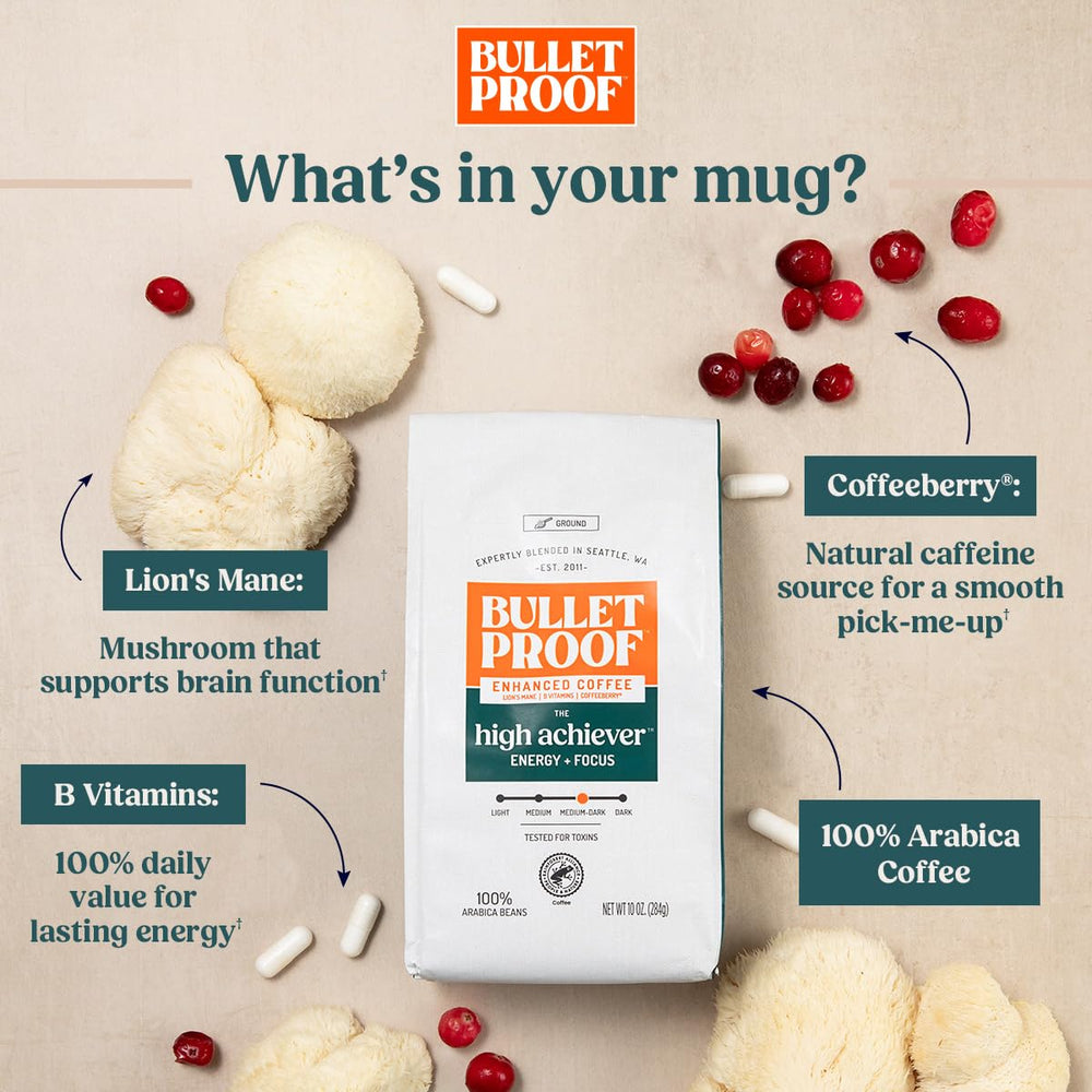 Bulletproof taza servida con espuma ligera, bebida energética homogénea
