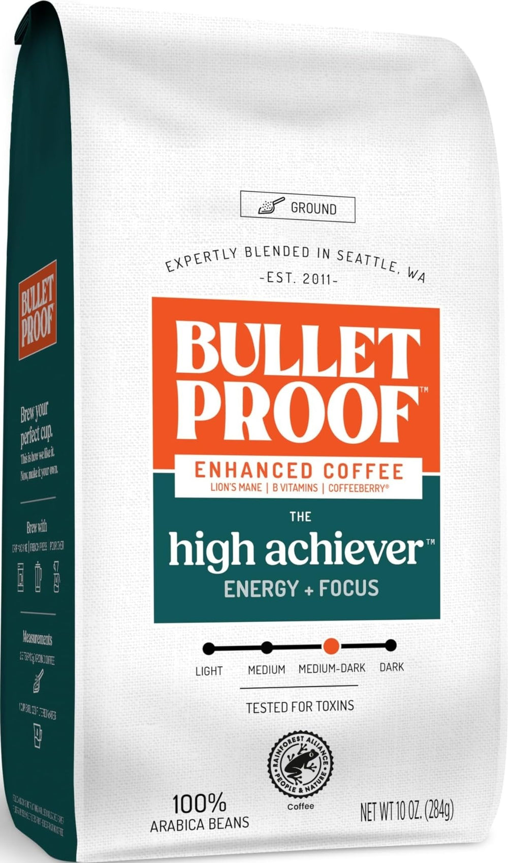 Bulletproof paquete frontal 10 oz mostrando marca y diseño, conveniencia inmediata