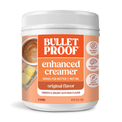 Bulletproof front packaging showing container and product name for easy identification and trust